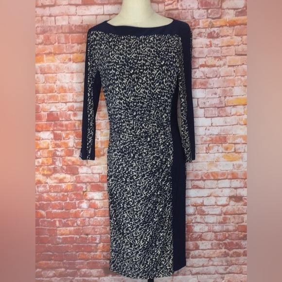 Lauren Ralph Lauren Dresses & Skirts - Lauren Ralph Lauren Navy Blue
and Cream Leopard Print Ruched Sheath Dress